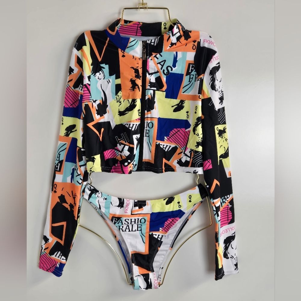 NWOT Long Sleeve Zip-Up Swim Top w High-Waist Bikini Bottoms Fashion Print Sz L